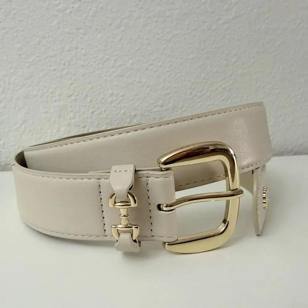 Vince Camuto Belt Women L Beige Faux Leather Gold Buckle Wide Waist Belt